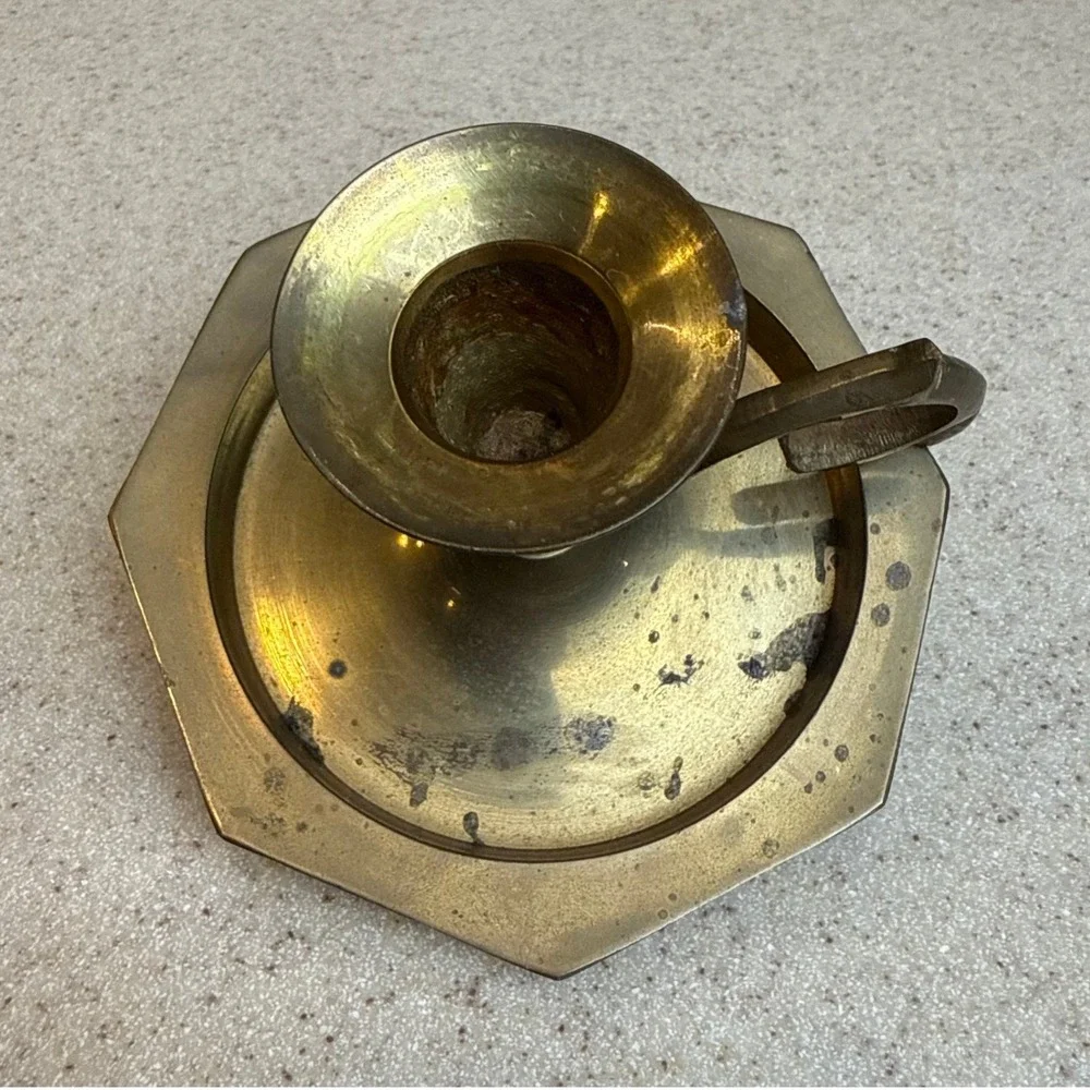 Vintage Archana Handicrafts Brass Chamberstick Candle Holder Octagon Base India